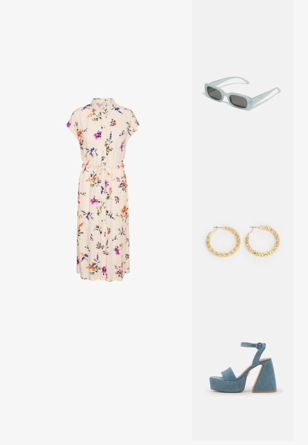 Blumenkleid mit Kragen und kurzen Ärmeln, aus cremefarbenem Stoff, der mit bunten Blumen verziert ist, und einer gebundenen Taille für eine perfekte Passform.; Denim-Plateausandalen mit einem Knöchelriemen, breitem Vorderband und einem geometrischen hohen Absatz in Hellblau mit hellbraunen Akzenten.; Ein Paar rechteckige Sonnenbrillen mit lichtblauen, halbtransparenten Rahmen und dunkelgrauen Gläsern, ausgestattet mit geraden Bügeln und minimalen Hardware-Details.; Goldene Creolen mit einer strukturierten Oberfläche und kleinen, abgerundeten Akzenten. Kreisförmiges Design und Steckverschluss.