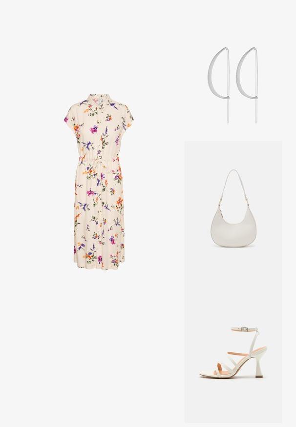 Blumenkleid mit Kragen und kurzen Ärmeln, aus cremefarbenem Stoff, der mit bunten Blumen verziert ist, und einer gebundenen Taille für eine perfekte Passform.; Weiße Riemchen-High Heelsandale mit Knöchelriemen, glatter Textur, quadratischer Zehenpartie und skulptiertem Absatz. Helle, beigem behaute Innensohle.; Cremfarbene Leder-Schultertasche mit einer Halbmondform, dünnem Schulterriemen und subtilen Stichdetails. Minimalistisches Design mit goldfarbenen Hardware-Akzenten.; Silberne Ohrringe aus Metall mit einem minimalistischen geschwungenen Design, das verlängerte, offene Tropfenformen mit einer matten Oberfläche aufweist.