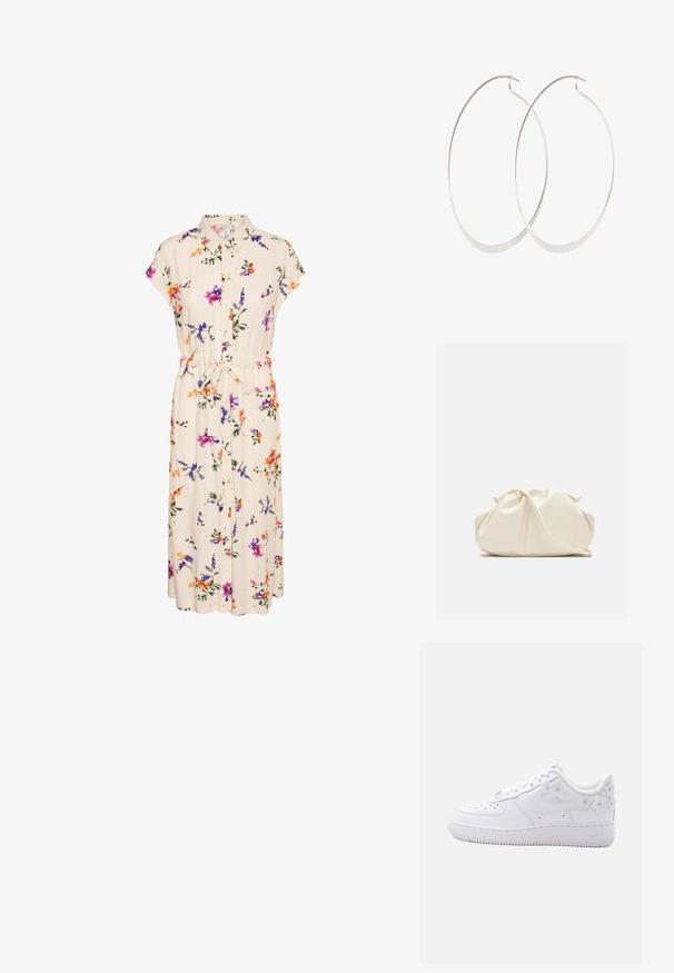 Vestido floral con cuello camisero y mangas cortas, confeccionado en una tela crema adornada con flores de colores y con una cintura atada para un mejor ajuste.; Zapatilla blanca de caña baja con puntera perforada, logo Nike y detalles decorativos florales blancos en el talón y el lateral.; Bolso de mano de cuero suave de color crema con diseño fruncido y plisado y una delgada correa para el hombro que descansa delante sobre un fondo liso.; Pendientes de aro plateados con un diseño delgado y suave; forma ovalada alargada; acabado pulido; presentan un cierre de gancho seguro.