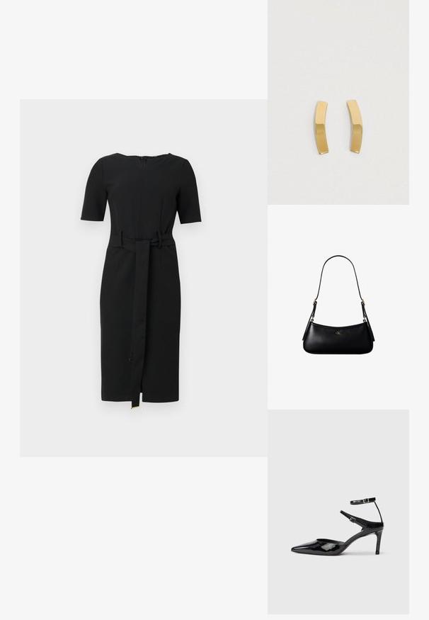 Vestido negro de longitud a la rodilla con mangas cortas, escote redondo y un cinturón de tela a juego atado en la cintura.; Tacones de charol negros con puntera puntiaguda, correas ajustables en el tobillo y un tacón delgado. Textura suave con un acabado brillante.; Mini bolso negro de cuero para hombro con correa delgada y pequeño logo dorado CK en el centro frontal.; Pendientes de metal en tono dorado con un diseño curvado y alargado. La superficie es lisa y pulida, presentando un estilo minimalista.