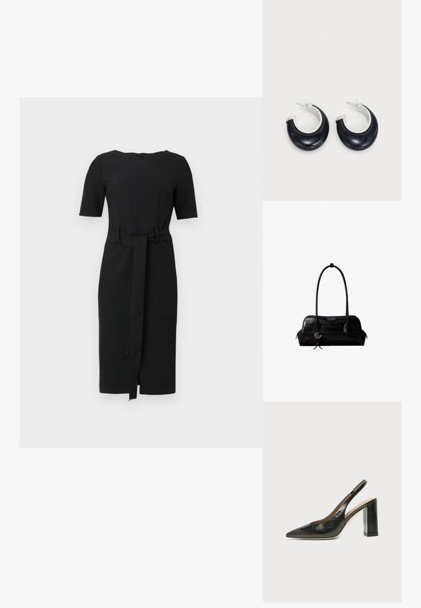 Zwarte jurk tot de knie met korte mouwen, een ronde halslijn en een bijpassende stoffen riem die op de taille is gestrikt.; Zwarte leren slingback schoen met spits toelopend neusje, hoge blokhak en beige binnenvoering tegen een effen lichte achtergrond.; Zwarte schoudertas van leer met krokodillenstructuur, lange banden en een klein zilveren logohanger aan één band.; Zwarte hars oorbellen in de vorm van een ring met een glanzende afwerking en accenten van zilverkleurig metaal. Cirkelvormig met een uitsparing en een sluiting met post.