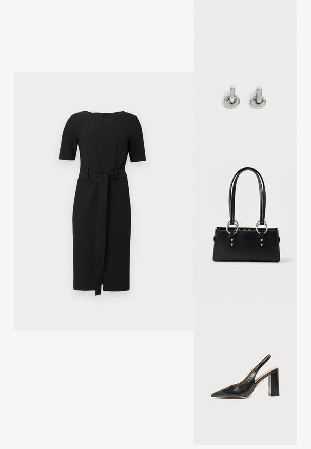 Sort knælang kjole med korte ærmer, en rund halsudskæring og et matchende stofbælte bundet i taljen.; Sort læder peep-toe slingback sko med høj blokhæl og beige indvendig foring mod en ensfarvet lys baggrund.; Sort rektangulær håndtaske med dobbelthåndtag, sølvfarvede ringe som hardware og subtil præget logo foran mod en hvid baggrund.; Par små, skinnende sølv hoops med rund base, vist på en ensfarvet lys baggrund.