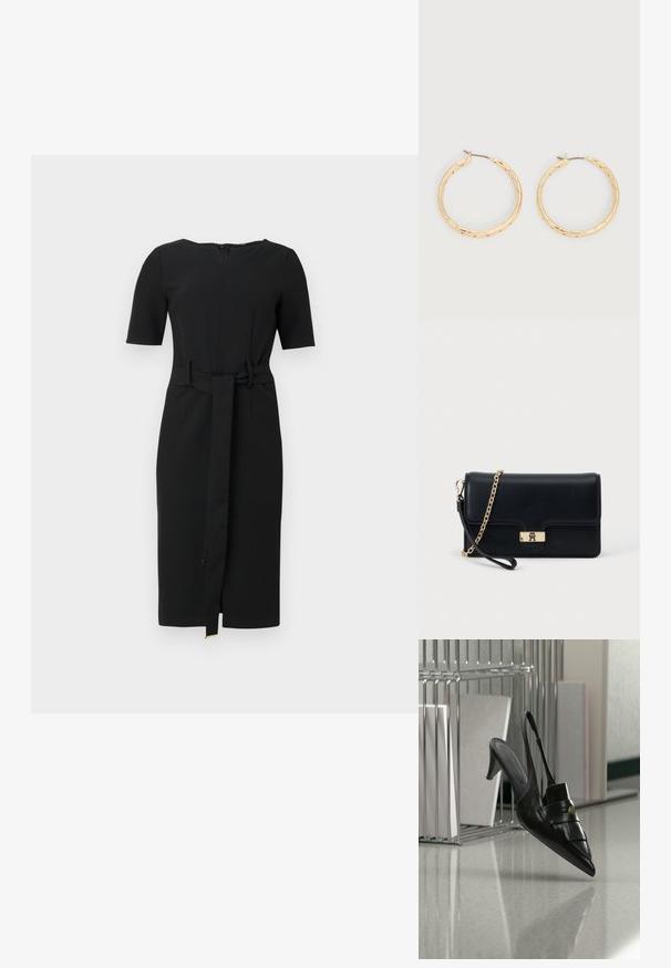 Zwarte jurk tot de knie met korte mouwen, een ronde halslijn en een bijpassende stoffen riem die op de taille is gestrikt.; Zwarte leren slingback hak met puntige neus, franjes en gouden knoopdetail, op een reflecterende vloer vlakbij metalen ordnerhouders.; Zwarte leren clutchhandtas met een goudkleurige sluiting en een kettingband. Compact ontwerp met een gladde textuur en minimale details.; Een paar oorbellen met gouden textuur in de vorm van ringen met dunne pennen, op een witte achtergrond.