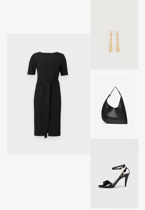 Schwarzes knielanges Kleid mit kurzen Ärmeln, rundem Ausschnitt und einem passenden Stoffgürtel, der in der Taille gebunden ist.; Schwarze, lackierte High-Heeled-Sandalen mit doppelten Knöchelriemen und goldenen Schnallen, Zehen offen und schlankem, spitz zulaufendem Absatz auf neutralem Hintergrund.; Schwarze Leder-Schultertasche mit geschwungener dreieckiger Form, einem verstellbaren Einzelriemen und sichtbarer diagonaler Naht auf der Vorderseite.; Ohrhänger in Gold-Ton mit glatten, länglichen Tropfenanhängern, die an kleinen Creolenverschlüssen hängen, auf weißem Hintergrund.