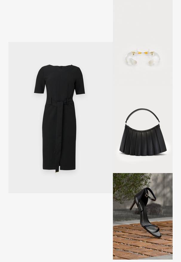Schwarzes knielanges Kleid mit kurzen Ärmeln, rundem Ausschnitt und einem passenden Stoffgürtel, der in der Taille gebunden ist.; Schwarze Sandalette mit hohem Absatz und Knöchelriemen schwebt über einem Holzboden im Freien vor verschwommenem Grün und Steinhintergrund.; Schwarze plissierte Handtasche aus synthetischem Leder, mit einem gebogenen Griff und einem Reißverschlussverschluss oben. Glatte Textur mit strukturiertem Design.; Klare Acryl-Ohrringe in Hoop-Form mit goldenen Akzenten, die ein geschwungenes Design und einen transparenten Verschluss aufweisen. Glatte Textur, minimalistischer Stil.