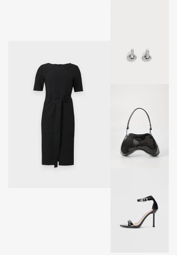 Schwarzes knielanges Kleid mit kurzen Ärmeln, rundem Ausschnitt und einem passenden Stoffgürtel, der in der Taille gebunden ist.; Schwarzer Riemchensandale aus Lackleder mit hohem Absatz und Knöchelriemen. Verfügt über ein minimalistisches Design, offene Zehenpartie und eine Schnalle mit Strassakzenten.; Schwarze Handtasche aus lackiertem Leder mit einer einzigartigen, geschwungenen Form, kurzem verstellbarem Griff und einem Reißverschluss oben. Glatte Textur mit dezentem Branding.; Paar kleine, glänzende silberne Creolen mit rundem Sockel, auf einfachem hellem Hintergrund präsentiert.