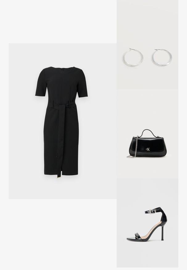 Sort knælang kjole med korte ærmer, en rund halsudskæring og et matchende stofbælte bundet i taljen.; Sort højhælet sandal i laklæder med ankelrem. Har minimalistisk design, åben tå og spænde med rhinsten-detaljer.; Sort læderhåndtaske med en kædestrop, struktureret form og et sølvlogo. Glat overflade med flaplukning.; Sølvfarvede metaloorringe med glat, let buet overflade og låsemekanisme på en ensfarvet hvid baggrund.