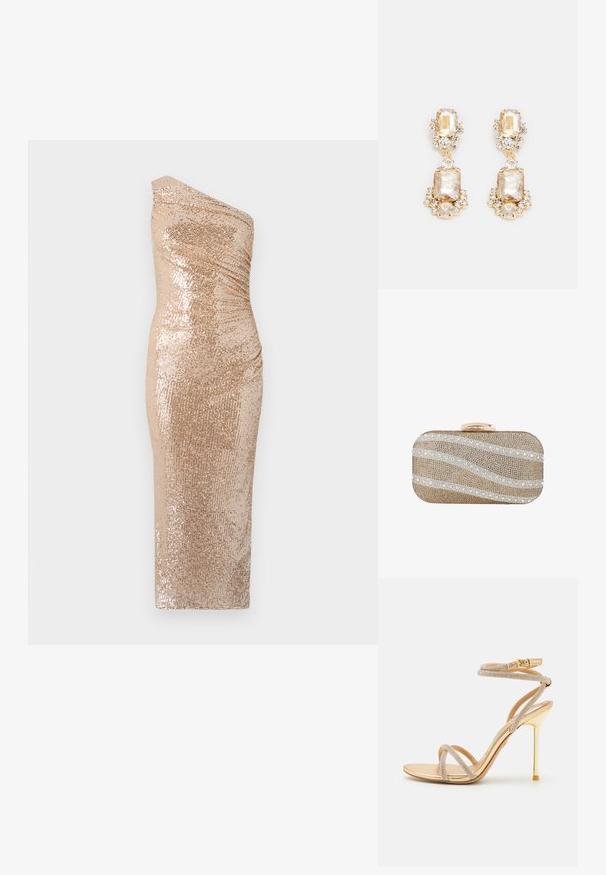 Bodycon kjole med en skulderdesign, lavet af glitrende stof i guld. Har en tætsiddende silhuet og glat tekstur.; ALDO MANAELDEN - Højhælede sandaletter / Højhælede sandaler - gold-coloured; Lille rektangulær guldtaske dækket af guldperler og hvide pailletter arrangeret i diagonale bølgemønstre, med en guldlås øverst.; Guldtonede dråbeøreringe med store rektangulære og runde klare krystaller samt mindre accentsten, der skaber et lagdelt design.