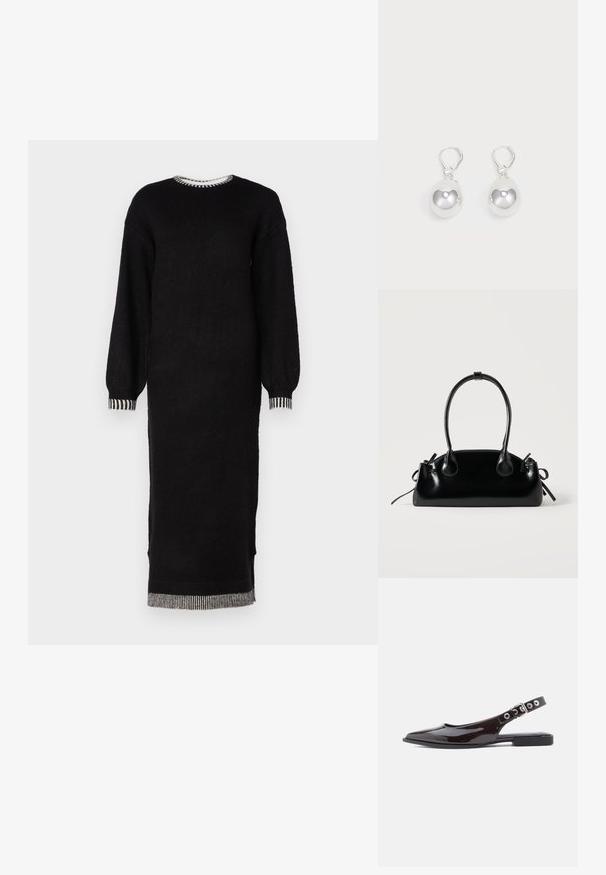 Sort strik kjole med lange ærmer, rund halsudskæring og stribede detaljer ved manchetterne og kanten, samt en lige midi-længde design.; Sorte slingback-flats i lakeret læder med spids tå, flad hæl og justerbar rem med sølvfarvet hardware og nitteaccents.; Lille sort blank håndtaske med to lange håndtag og snøre-detaljer i siden på en ensfarvet lys baggrund.; Sølv dråbeøreringe med glatte, runde, reflekterende overflader hængende fra svingelukkede låse. Baggrunden er helt hvid.