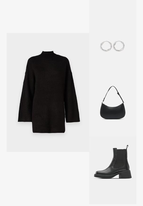 Schwarzer oversized Strickpullover mit hohem Stehkragen und langen Ärmeln, der mit einem strukturierten Stoff für zusätzlichen visuellen Reiz ausgestattet ist.; Schwarze Leder-Stiefeletten mit elastischen Seitenpanelen, abgerundetem Zehenbereich und einem klobigen Blockabsatz. Glatte Textur mit einem minimalistischen Design.; Pieces PCALUANA SHOULDER BAG - Handtasche - black; Silberne Creolen mit einer welligen, unregelmäßigen Textur. Besitzen eine dünne, kreisförmige Form und eine reflektierende Oberfläche.