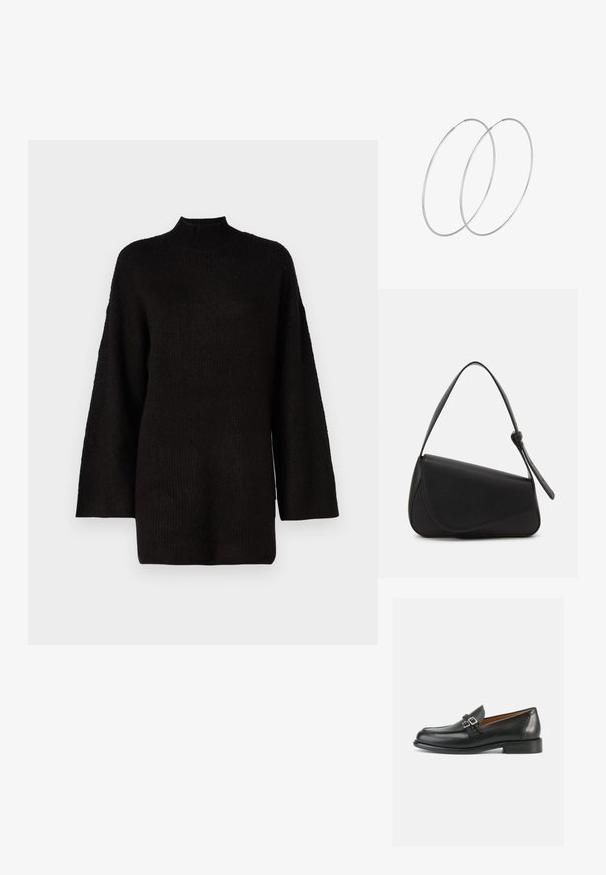 Schwarzer oversized Strickpullover mit hohem Stehkragen und langen Ärmeln, der mit einem strukturierten Stoff für zusätzlichen visuellen Reiz ausgestattet ist.; Schwarze Leder-Loafer mit gestepptem Design, ausgestattet mit einer doppelten Schnallendekoration und einem leicht erhöhten Absatz für zusätzlichen Halt.; Schwarze Lederhandtasche mit dreieckiger Form, schrägem Klappdeckel und rundem Oberhandgriff. Verfügt über eine glatte Textur und minimalistische Designdetails.; Silberne Creolen mit minimalistischem Design. Rundform, glatte Oberfläche und dünnes Profil. Leichtgewichtig mit hochglänzender Oberfläche.