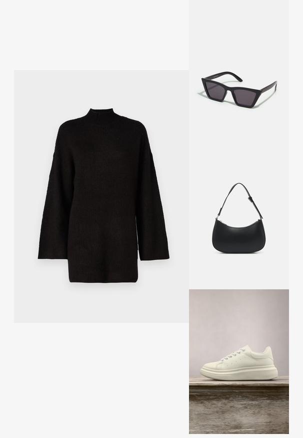 Suéter negro de gran tamaño de punto con un cuello vuelto alto y mangas largas, que presenta una tela texturizada para mayor interés visual.; Zapatilla deportiva de cuero blanco con puntera redonda, textura lisa y cordones en contraste. Cuenta con orificios de ventilación y una suela de goma gruesa para mayor comodidad.; Gafas de sol negras y angulares con lentes grises; fabricadas en plástico, con varillas gruesas de superficie suave y sin herrajes visibles.; Pieces PCALUANA SHOULDER BAG - Bolso de mano - black