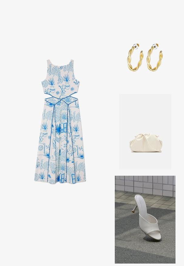 Vestido blanco sin mangas con patrones impresos en azul, que incluyen plantas y formas, con un cuerpo ajustado y un diseño de falda fluida.; Zapato mule blanco de tacón alto con punta abierta flotando sobre un fondo de asfalto gris y pared de azulejos.; Bolso de mano de cuero suave de color crema con diseño fruncido y plisado y una delgada correa para el hombro que descansa delante sobre un fondo liso.; Pendientes de aro retorcidos en oro con una superficie lisa, que cuentan con un respaldo transparente y herrajes en tono dorado.