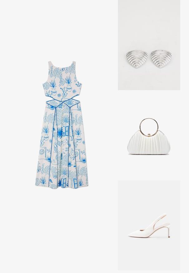 Weißes ärmelloses Kleid mit blauen Druckmustern, darunter Pflanzen und Formen, mit einem taillierten Oberteil und einem fließenden Rockdesign.; Weißer Slingback-Pumps mit spitz zulaufender Vorderkappe, strukturierter Oberfläche und gezacktem Randdetail an der Seite.; Weiße plissierte Handtasche mit einem runden goldenen Griff, aus weichem Stoff und in runder Form. Elegantes Design mit einer strukturierten Oberfläche.; Ohrringe in Silberoptik mit einem wellenförmigen, strukturierten Design, das wie überlappende Halbmonden geformt ist; die polierte Oberfläche verstärkt die reflektierenden Eigenschaften.
