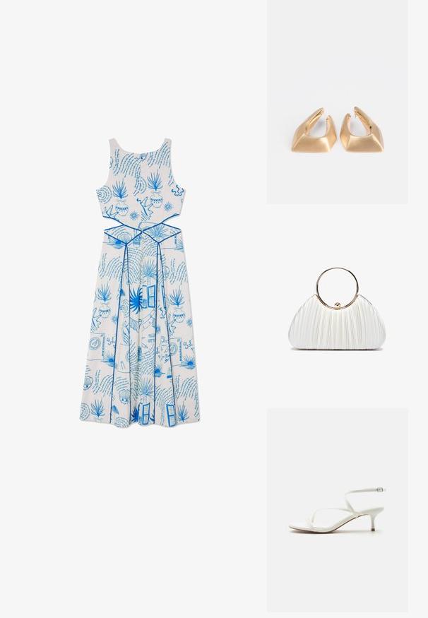 Vestido blanco sin mangas con patrones impresos en azul, que incluyen plantas y formas, con un cuerpo ajustado y un diseño de falda fluida.; Sandalia de mujer blanca con tiras, tacón bajo tipo kitten y hebilla en el tobillo sobre fondo blanco liso.; Bolso de mano blanco plisado con un asa circular dorada, que presenta un tejido suave y una forma redondeada. Diseño elegante con un acabado texturizado.; Pendientes de metal dorado con un diseño geométrico que presenta formas angulares y un acabado pulido. Destacan por su forma escultórica.