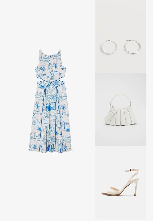 Vestido blanco sin mangas con patrones impresos en azul, que incluyen plantas y formas, con un cuerpo ajustado y un diseño de falda fluida.; Sandalia beige de tacón alto con tira delgada en el tobillo y hebilla dorada, punta abierta y tacón de aguja delgado sobre un fondo blanco.; Lacoste LENGLEN BAG - Bolso de mano - cristalline; Pendientes de aro de metal plateado con superficie lisa y ligeramente curvada y cierre de tipo mosquetón sobre un fondo blanco liso.