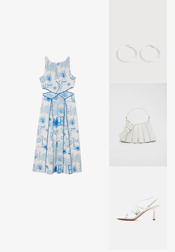 Vestido blanco sin mangas con patrones impresos en azul, que incluyen plantas y formas, con un cuerpo ajustado y un diseño de falda fluida.; Sandalia blanca de tacón alto con tiras finas, detalles plateados, puntera cuadrada y un tacón delgado de altura media sobre un fondo blanco liso.; Lacoste LENGLEN BAG - Bolso de mano - cristalline; Pareja de pendientes de aro plateados brillantes con cierres de alambre delgado, mostrados sobre un fondo gris claro.