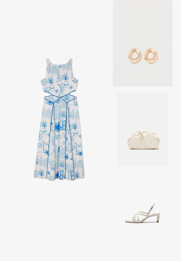 Weißes ärmelloses Kleid mit blauen Druckmustern, darunter Pflanzen und Formen, mit einem taillierten Oberteil und einem fließenden Rockdesign.; Zign by Zalando Pumps - off white; Weiche, cremefarbene Leder-Clutch mit gerafftem Design und einem dünnen Schulterriemen, der vorne auf einem schlichten Hintergrund liegt.; Paar unregelmäßig geformter, polierter Creolen aus goldfarbenem Metall mit offenem Zentrum auf weißem Hintergrund.