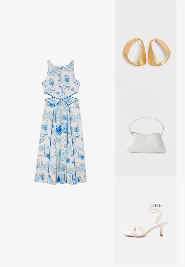 Vestido blanco sin mangas con patrones impresos en azul, que incluyen plantas y formas, con un cuerpo ajustado y un diseño de falda fluida.; Sandalia blanca de tacón con tiras en la parte delantera, correa envolvente en el tobillo con hebilla y tacón delgado de altura media, sobre un fondo liso.; Bolso de mano de cuero blanco tejido con asa redondeada y extremos de la correa anudados, exhibido sobre un fondo liso.; Par de pendientes de aro dorados irregulares y asimétricos con acabado suave y mate sobre fondo neutro.