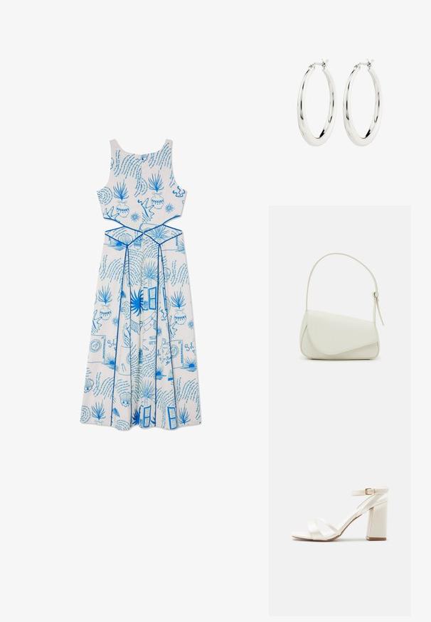 Vestido blanco sin mangas con patrones impresos en azul, que incluyen plantas y formas, con un cuerpo ajustado y un diseño de falda fluida.; Sandalia blanca de tacón alto con bloque, dos tiras delanteras y una correa en el tobillo con hebilla dorada sobre un fondo liso.; Bolso de mano de imitación cuero blanco con una forma triangular estructurada, correa ajustable única y cierre con solapa acentuada en curva.; Pendientes de aro de plata con un acabado suave y brillante. Forma circular, con un cierre seguro. Diseño sencillo y elegante.