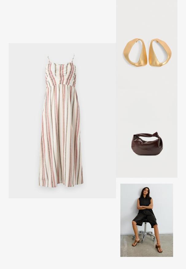 Robe maxi en tissu crème avec des rayures verticales multicolores en rouge, bleu et gris. Dotée de bretelles spaghetti et d'un corsage froncé.; Femme aux longs cheveux noirs assise sur une chaise de bureau noire, portant un haut sans manches noir, un short noir longueur genou et des sandales marron à talons.; Sac bandoulière en cuir marron foncé avec une forme souple et décontractée et une anse nouée torsadée sur un fond blanc uni.; Paire de boucles d’oreilles créoles en or irrégulières et asymétriques avec une finition lisse et mate sur un fond neutre.