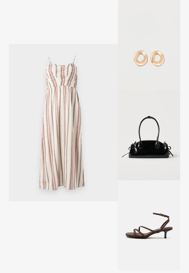 Robe maxi en tissu crème avec des rayures verticales multicolores en rouge, bleu et gris. Dotée de bretelles spaghetti et d'un corsage froncé.; Sandale marron à talons hauts avec fines lanières croisées et bride de cheville avec boucle argentée sur fond blanc.; Petit sac à main noir brillant avec deux longues anses et des détails à cordon sur les côtés sur un fond clair uni.; Paired boucles d'oreilles en métal doré poli de forme irrégulière avec un centre ouvert sur un fond blanc uni.