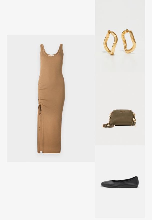 Vestido maxi de punto acanalado en marrón claro, con escote redondo y fruncido lateral ajustable con lazos para un mejor ajuste.; Bailarina de piel negra con punta redondeada, textura suave, detalle de costura minimalista y diseño de suela flexible.; Bolso bandolera Michael Kors de cuero verde oliva con correa de cadena dorada, charm de logo dorado y pequeño nombre de la marca en relieve en el frente.; Pendientes de aro color oro con una forma curva e irregular y una textura suave y pulida. Sin hardware o acentos visibles.