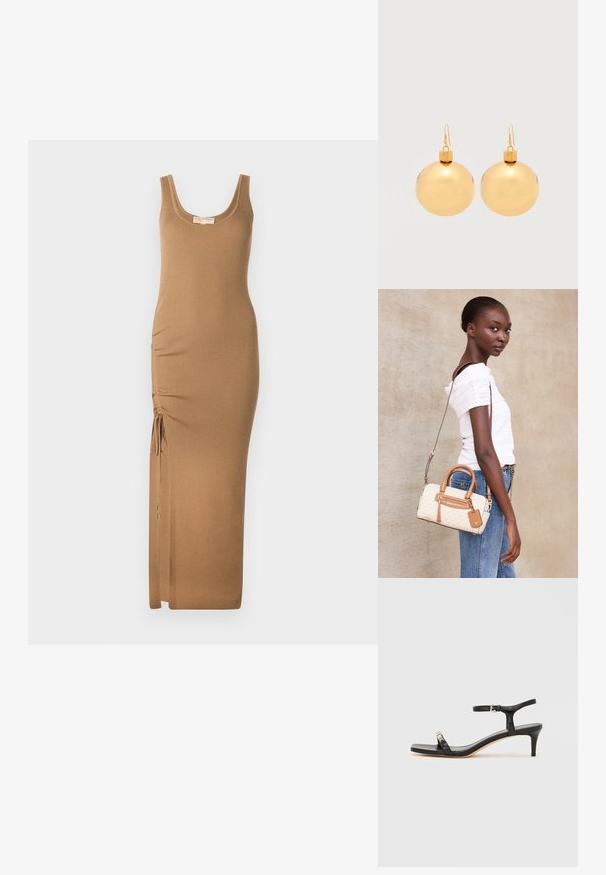 Geribbelde gebreide maxidress in lichtbruin, met een ronde halslijn en verstelbare zijrijke met strikjes voor de pasvorm.; Zwarte leren sandaal met hak, enkelbandje, open neus, vierkante voorkant en zilverkleurige accenten. Gesloten ontwerp met een slank profiel.; Vrouw die een witte off-shoulder top en blauwe spijkerbroek draagt, houdt een beige en bruine handtas met schouderriem vast tegen een effen achtergrond.; Een paar glanzende gouden kerstbal-oorbellen met haaksluitingen op een effen witte achtergrond.