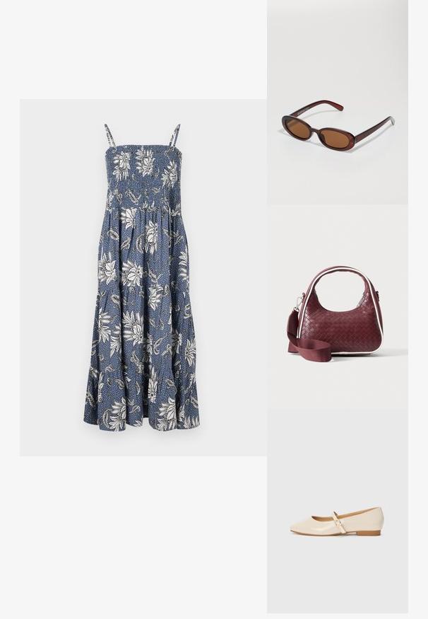 Blaues Blumenmaxikleid mit weißen Blütenmustern, gerafftem Oberteil, dünnen Trägern und einem fließenden Rock, der am Saum ausgestellt ist.; Beige lackleder Ballerinas mit eckiger Zehenpartie, kleinem Absatz und einem verstellbaren Knöchelriemen mit einer goldenen Schnallenakzentuierung.; Runde, braun getönte Sonnenbrillen mit einem glänzenden burgunderfarbenen Rahmen. Schlanke Bügel mit dezentem Branding. Flaches Linsendesign.; Dunkelrote gewebte Ledertasche mit gebogenem Griff, weißem Besatz, silbernem Reißverschluss und abnehmbarem breitem Stoff-Schulterriemen vor einfarbigem Hintergrund.