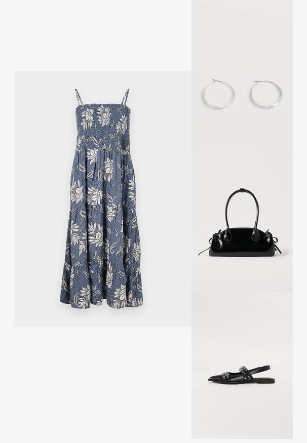 Sinine lilleline maksikleit valgete lillemustritega, smockitud randmeosa, õhukesed rihmad ning voolav seelik, mis laieneb allservas.; Even&Odd by Zalando Kannarihmaga baleriinad - black; Väike must läikiv käekott kahe pika sangaga ja külgedel paelakinnitustega, ühel lihtsal helel taustal.; Hõbedased metallist rõngakujulised kõrvarõngad, millel on sile, kergelt kaarduv pind ja lukustuvad tagused kinnitused, valgel taustal.