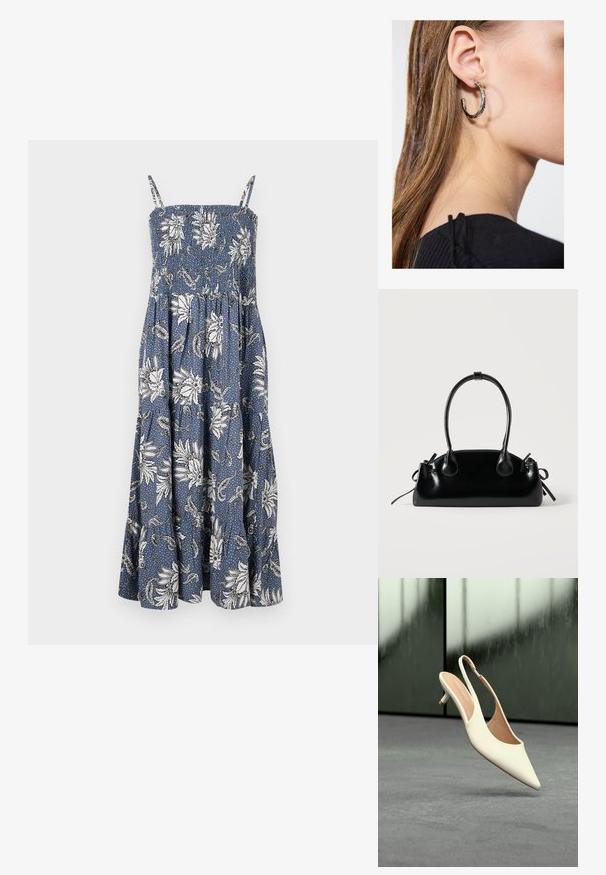 Blaues Blumenmaxikleid mit weißen Blütenmustern, gerafftem Oberteil, dünnen Trägern und einem fließenden Rock, der am Saum ausgestellt ist.; Beige Slingback-Damenschuh mit spitzer Schuhspitze und niedrigem Kitten-Heel, schwebend über einem grauen Boden vor unscharfem dunklem Hintergrund.; Kleine schwarze glänzende Handtasche mit zwei langen Griffen und seitlichen Kordelzug-Details vor einfachem hellem Hintergrund.; Silberne Creolen mit polierter Oberfläche, die kleine goldene Akzentdetails und eine runde Form aufweisen, am Ohrläppchen getragen.