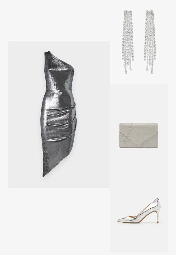 Hame dress silver metallic yhdellä olalla, jossa on istuva vartalo ja epäsymmetrinen helma, sivussa kerrostumista. Sujuva, kiiltävä tekstuuri.; Hopeakylkinen teräväkärkinen korkokenkä, jossa on sileä pinta, 4 tuuman korko ja hienovarainen ryppykuvio pinta-ala.; Metallic hopeinen clutch-laukku, jossa on kirjekuoren muotoilu ja tekstuurinen kuvio, varustettuna irrotettavalla ketjuhihnalla.; Pitkät hopeiset korvakorut, joissa on läpinäkyviä, faacettisia kristalleja, jotka roikkuvat eri pituuksissa ja muodoissa.