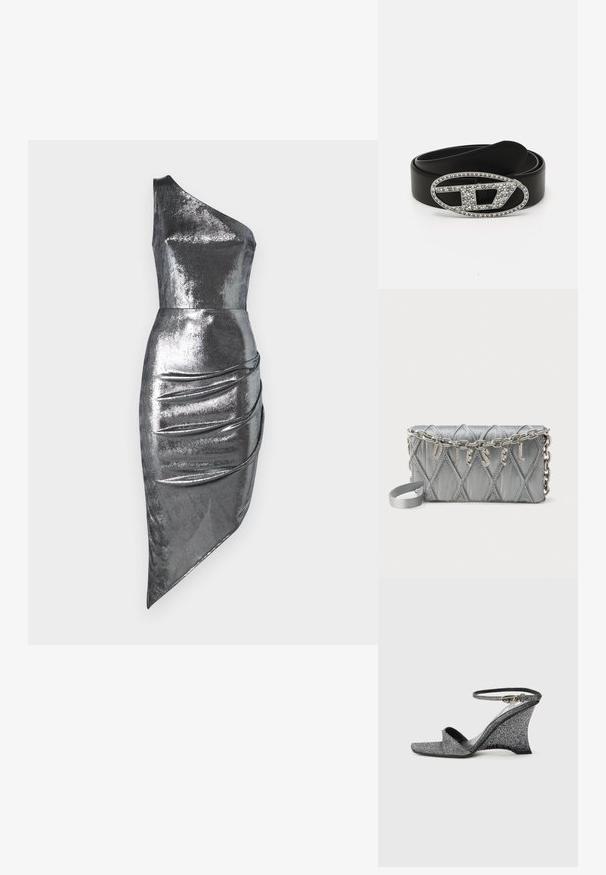 Hame dress silver metallic yhdellä olalla, jossa on istuva vartalo ja epäsymmetrinen helma, sivussa kerrostumista. Sujuva, kiiltävä tekstuuri.; Hopeinen kimaltava kiilakorkosandaali avoimella varvasosalla, nilkkaremmi ja kullanvärinen solki, kuvattuna sivulta vaalealla taustalla.; Harmaa tikattu kangaslaukku metallisella ketjuhihnalla, jossa hopeiset kirjeaihiot muodostavat sanan "DIESEL".; Musta nahkavyö, jossa on suuri soikea hopeinen solki, jota koristavat kirkkaat strassit ja geometrinen leikattu muotoilu.