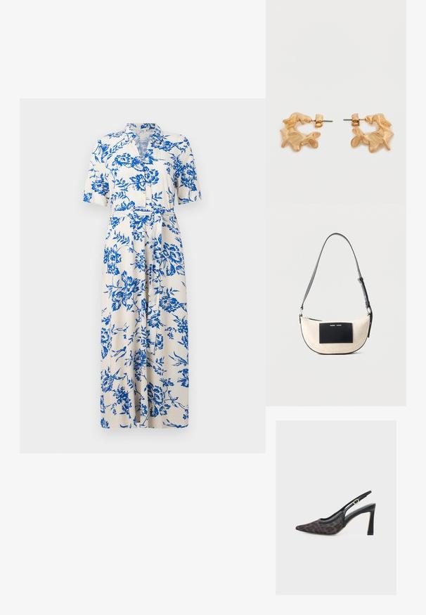 Witte midi-jurk met blauwe bloemenprint, korte mouwen, kraag, knoopsluiting aan de voorkant en een strikceintuur in de taille.; Zwarte slingback hoge hak met spitse neus en donker luipaardprint mesh bovenwerk, zijriem met gesp en slanke hak op witte achtergrond.; Beige schoudertas in halvemaanvorm met verstelbare zwarte riem en zwarte rechthoekige patch aan de voorkant met kleine witte tekst.; Oorbellen in goudkleur met een abstracte, organische vorm, voorzien van een gestructureerd oppervlak en een sluiting met oorstekers.
