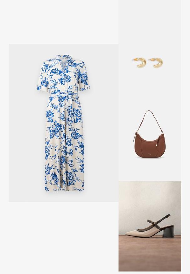 Witte midi-jurk met blauwe bloemenprint, korte mouwen, kraag, knoopsluiting aan de voorkant en een strikceintuur in de taille.; Beige slingback pump met hoge hak, puntige neus, zwarte bies en gespsluiting. Glad materiaal met een matte afwerking, middelhoge blokhak.; Bruine faux leren schoudertas met een gebogen vorm, minimale stiksels en een gouden hardware-accent. Voorzien van een bovenste ritsluiting en een verstelbare schouderband.; Gouden halvmaanvormige oorbellen met een gladde afwerking, voorzien van oranje accenten bij de stekker en zilveren hardware.