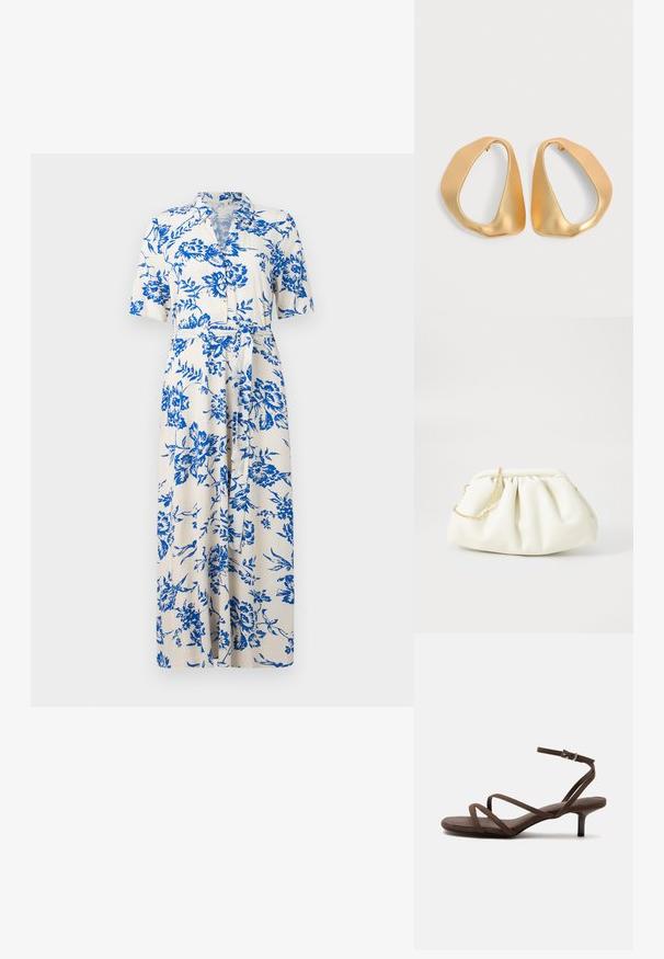 Robe midi blanche à imprimé floral bleu, manches courtes, col, boutonnage devant et ceinture à nouer à la taille.; Sandale marron à talons hauts avec fines lanières croisées et bride de cheville avec boucle argentée sur fond blanc.; Sac à main en cuir blanc avec un design plissé, doté d'une bandoulière en chaîne dorée et d'une forme arrondie. Texture lisse avec des plis doux et sans motifs.; Paire de boucles d’oreilles créoles en or irrégulières et asymétriques avec une finition lisse et mate sur un fond neutre.