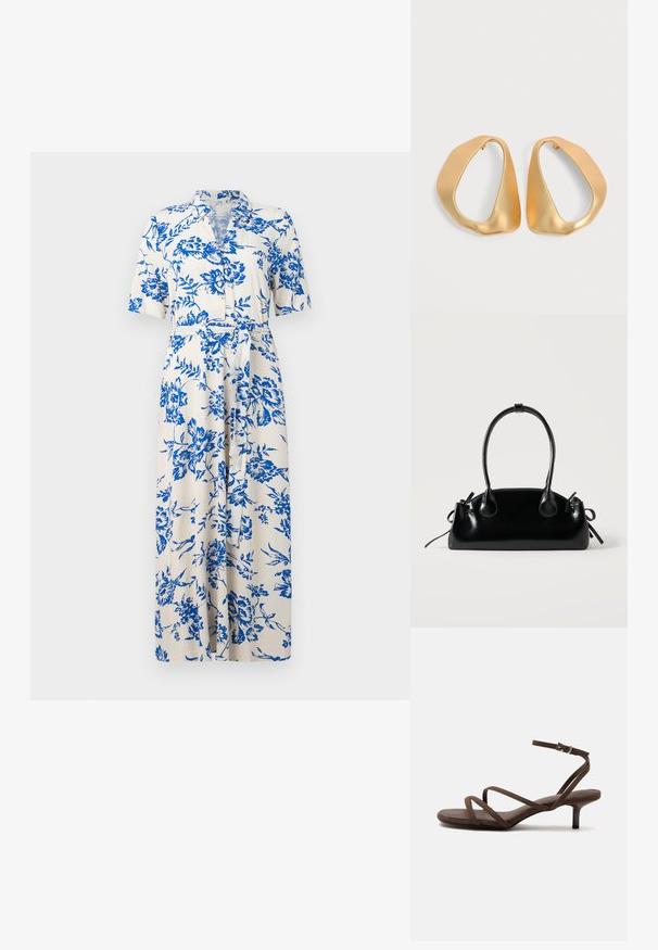Witte midi-jurk met blauwe bloemenprint, korte mouwen, kraag, knoopsluiting aan de voorkant en een strikceintuur in de taille.; Bruine sandaal met hoge hak, dunne gekruiste bandjes en een enkelbandje met een zilveren gesp op een witte achtergrond.; Kleine zwarte glanzende handtas met twee lange hengsels en zijkant trekkoord details op een effen lichte achtergrond.; Een paar onregelmatige, asymmetrische gouden oorringen met een gladde, matte afwerking op een neutrale achtergrond.