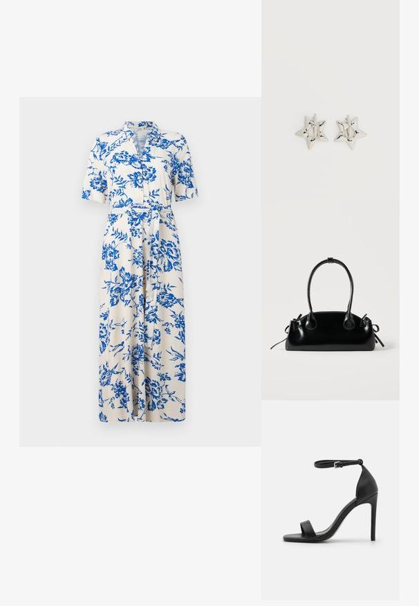 Witte midi-jurk met blauwe bloemenprint, korte mouwen, kraag, knoopsluiting aan de voorkant en een strikceintuur in de taille.; Zwarte sandalen met hoge hakken, met een slank ontwerp, voorzien van een enkelbandje, open teen en een gladde leren textuur.; Kleine zwarte glanzende handtas met twee lange hengsels en zijkant trekkoord details op een effen lichte achtergrond.; Zilverkleurige stervormige oorringen met een gladde, gepolijste afwerking op een effen witte achtergrond.