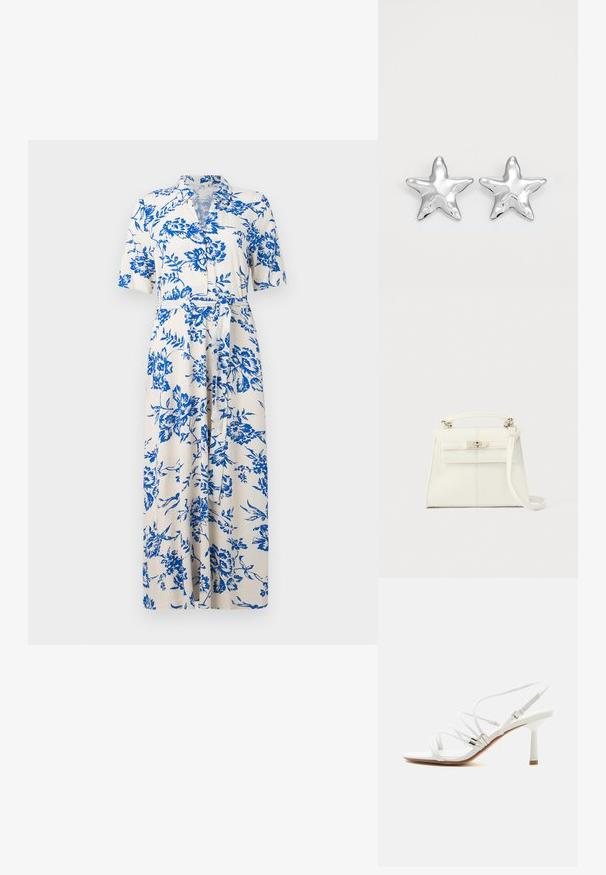 Witte midi-jurk met blauwe bloemenprint, korte mouwen, kraag, knoopsluiting aan de voorkant en een strikceintuur in de taille.; Witte sandaal met hoge hak en dunne bandjes, zilveren accenten, een vierkante neus en een smalle middenhoge hak op een effen witte achtergrond.; Witte leren handtas met een gestructureerde vorm, bovenhandvat, afneembare schouderriem en een zilverkleurige sluiting. Gladde textuur, minimalistisch design.; Zilveren stervormige oorbellen met een gepolijste, glanzende afwerking. Elke oorbel heeft vijf punten en subtiele textuurdetails op het oppervlak.