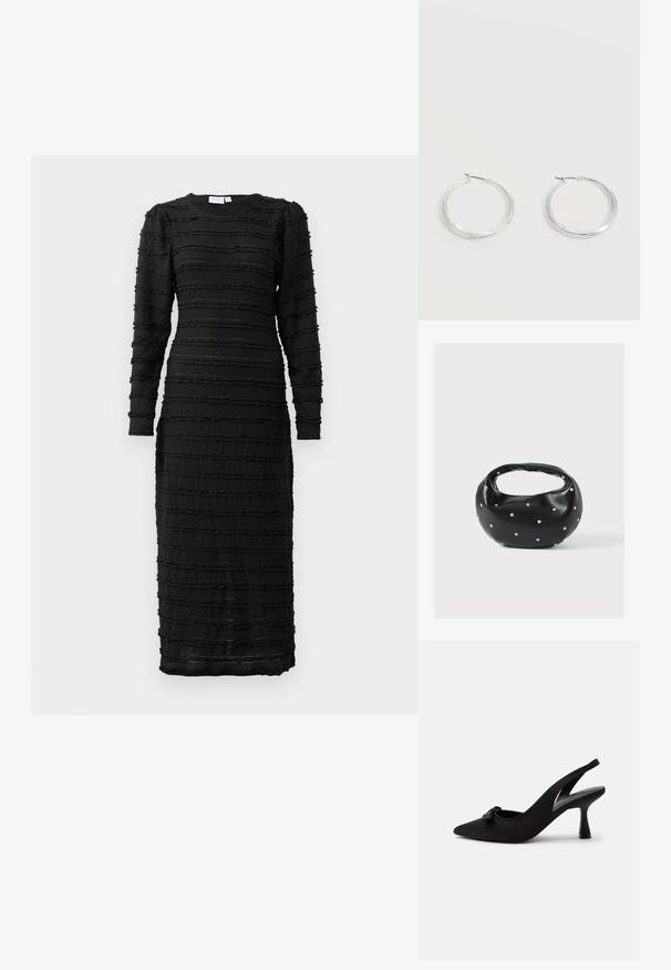 Sort kjole med lange ærmer, der har teksturerede vandrette striber og en tætsiddende silhuet, lavet af et let og strækbart materiale.; Sort peep-toe slingback højhælet sko med en lille sløjfe foran og en smal hæl, vist mod en hvid baggrund.; Sort læderhåndtaske med en rundet form, dekoreret med sølvnitter, og et kort håndtag. Glat tekstur og lynlåslukning.; Sølvfarvede metaloorringe med glat, let buet overflade og låsemekanisme på en ensfarvet hvid baggrund.
