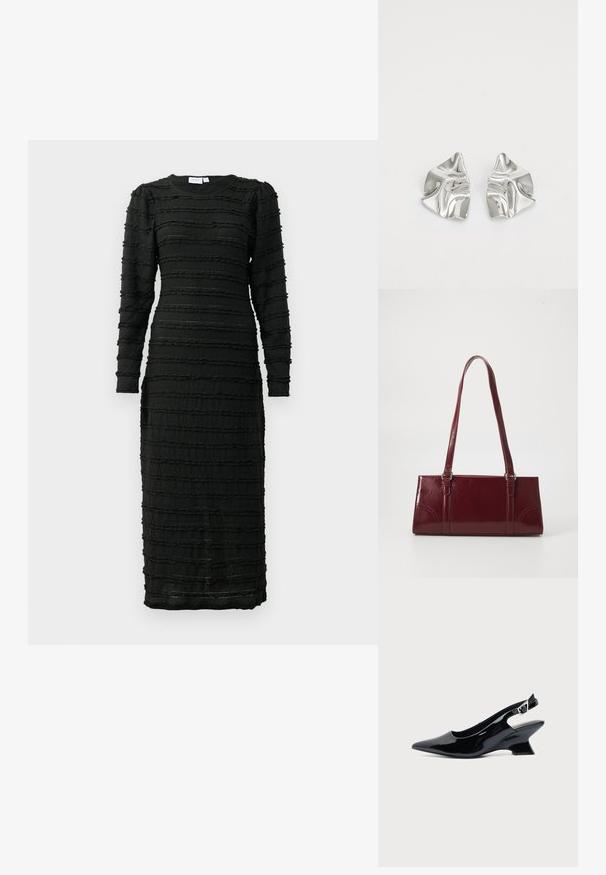 Sort kjole med lange ærmer, der har teksturerede vandrette striber og en tætsiddende silhuet, lavet af et let og strækbart materiale.; Sort laklæder slingback sko med spids tå og lav vinklet blokhæl på ensartet lys baggrund.; Bordeaux håndtaske lavet af glansfuldt materiale, rektangulær form, med to skulderremme og subtile buede detaljer på forsiden.; Sølvmetal øreringe med et bølgende, skulpturelt design, der har en poleret overflade og uregelmæssige former, hvilket fremhæver en moderne æstetik.