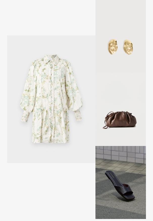 Vestido floral con mangas abullonadas, fondo blanco y flores verdes, con botones en el frontal, cintura fruncida, tela texturizada y puños con volantes.; Sandalia tipo slide de cuero marrón oscuro con punta cuadrada y tiras anchas, descansando sobre asfalto gris cerca de una acera adoquinada.; Bolso tipo bolsa de cuero marrón suave con parte superior fruncida y asa delgada, apoyado sobre un fondo blanco.; Par de pendientes de metal dorado brillante, con forma irregular y superficie arrugada y lisa sobre un fondo claro y sencillo.