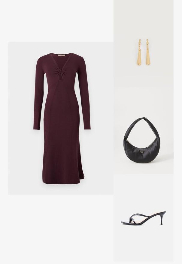 Langärmliges, weinrotes Kleid mit einer gedrehten Vorderseite und einem kreisförmigen Detail, enganliegender Silhouette und ausgestelltem Saum.; Schwarze Peeptoe-Sandale aus Lackleder mit dünnen, gekreuzten Riemen und einem schlanken, mittelhohen Stilettoabsatz vor weißem Hintergrund.; Schwarze Satin-Handtasche mit geschwungener Form, ausgestattet mit einem Reißverschluss und einem dreieckigen Metallsymbol auf der Vorderseite. Glatte Textur und elegantes Design.; Ohrhänger in Gold-Ton mit glatten, länglichen Tropfenanhängern, die an kleinen Creolenverschlüssen hängen, auf weißem Hintergrund.