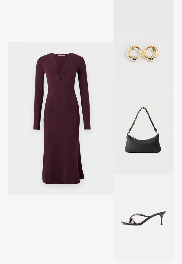 Vestido burdeos de manga larga con un frente retorcido y un detalle circular, silueta ajustada y dobladillo acampanado.; Sandalia de tacón de charol negro con tiras finas cruzadas y un tacón de aguja delgado de altura media, sobre un fondo blanco.; Bolso de hombro de cuero negro con forma rectangular curvada, cadena dorada entrelazada en una correa negra trenzada y cierre superior con cremallera.; Pendientes circulares de oro con dos pequeños anillos de plata en cada uno, que muestran detalles sutiles del nombre de la marca grabado, colocados sobre un fondo blanco.