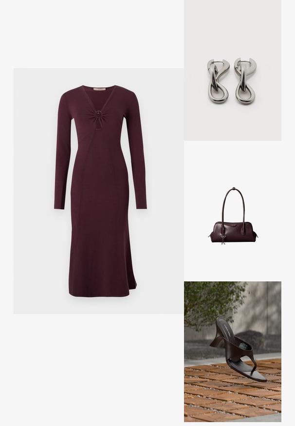 Vestido burdeos de manga larga con un frente retorcido y un detalle circular, silueta ajustada y dobladillo acampanado.; Sandalia de tiras con tacón marrón de Calvin Klein suspendida sobre suelo exterior de loseta de madera y grava, con fondo desenfocado de vegetación y piedras.; Bolso de mano de cuero marrón oscuro Calvin Klein con asas dobles largas y un pequeño colgante con el logotipo colgando de una de las asas.; Par de pendientes de metal con acabado plateado y diseño abstracto de bucles entrelazados sobre un fondo blanco.