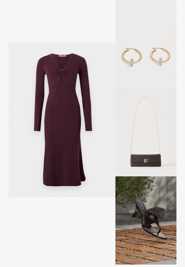 Langärmliges, weinrotes Kleid mit einer gedrehten Vorderseite und einem kreisförmigen Detail, enganliegender Silhouette und ausgestelltem Saum.; Braune Calvin Klein Sandalette mit Absatz und Zehensteg, schwebend über einem Boden aus Holzfliesen und Kies im Freien, mit verschwommenem Grün und Stein im Hintergrund.; Rechteckige dunkelbraune Ledertasche mit goldener Kettenriemen und einem kleinen quadratischen goldenen Verschluss auf der Vorderseite in der Mitte.; Paar goldfarbene Creolen mit kleinem silberfarbenem Schlaufen-Detail an jeder, vor hellem grauem Hintergrund präsentiert.