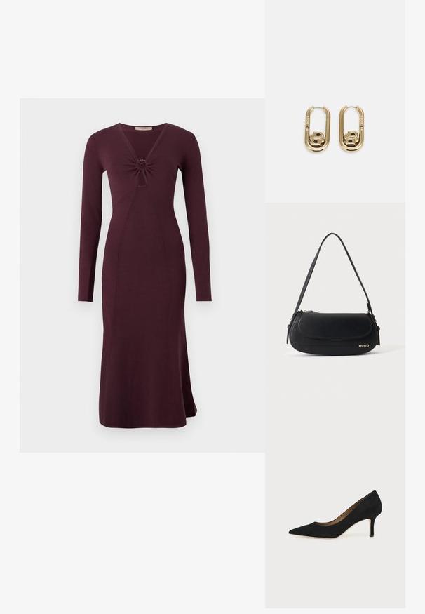 Langärmliges, weinrotes Kleid mit einer gedrehten Vorderseite und einem kreisförmigen Detail, enganliegender Silhouette und ausgestelltem Saum.; Schwarzer Wildleder-Pumps mit spitzer Schuhspitze, schlankem mittelhohem Stiletto-Absatz und tiefem Ausschnitt auf einfachem Hintergrund.; Schwarze Lederschultertasche mit geschwungener Klappe, goldenem "HUGO" Logo auf der Vorderseite und einem verstellbaren Riemen.; BOSS DOUBLE B SWING - Ohrringe - gold-coloured