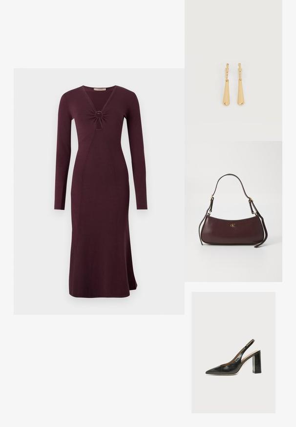 Robe bordeaux à manches longues avec un devant torsadé et un détail circulaire, silhouette ajustée et ourlet évasé.; Escarpin slingback en cuir noir pour femme avec bout pointu et talon bloc épais et haut sur fond blanc.; Sac à main en cuir bordeaux avec une silhouette courbée, arborant un logo doré et une seule bandoulière réglable. Texture lisse, couture minimale.; Boucles d'oreilles pendantes en ton or avec des pendentifs lisses en forme de goutte allongée suspendus à de petites attaches en forme d'anneau sur un fond blanc.