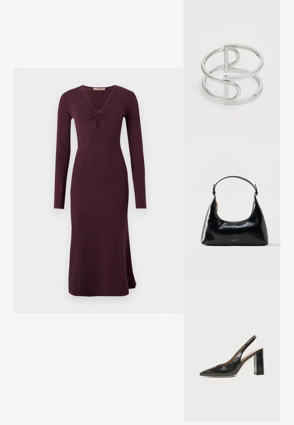 Langärmliges, weinrotes Kleid mit einer gedrehten Vorderseite und einem kreisförmigen Detail, enganliegender Silhouette und ausgestelltem Saum.; Schwarzer Leder-Slingback-Schuh mit spitzer Kappe, hohem Blockabsatz und beigegefüttertem Innenraum vor hellem, einfarbigem Hintergrund.; Schwarze, glänzende Calvin Klein Handtasche mit goldfarbenem Reißverschluss und kurzem Trageriemen vor schlichtem weißem Hintergrund.; Silberner Metallarmreif mit einem Doppel-Schleifen-Design, glatter, glänzender Oberfläche und einem minimalistischen geometrischen Akzent.