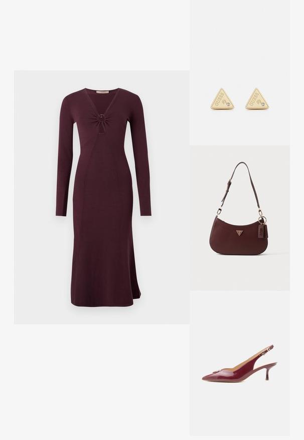Vestido burdeos de manga larga con un frente retorcido y un detalle circular, silueta ajustada y dobladillo acampanado.; Zapato de salón slingback de charol burdeos con puntera puntiaguda, tacón kitten de altura media y correa ajustable con hebilla.; Bolso bandolera de cuero marrón oscuro con textura, correa ajustable, logotipo triangular de Guess y dos etiquetas de cuero colgantes en anillas doradas.; Guess PARTY - Pendientes - gold-coloured